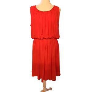 Garnet‎ Hill Large Midi Dress Poppy Red Silk Sleeveless Tie Belt Blouson Retro